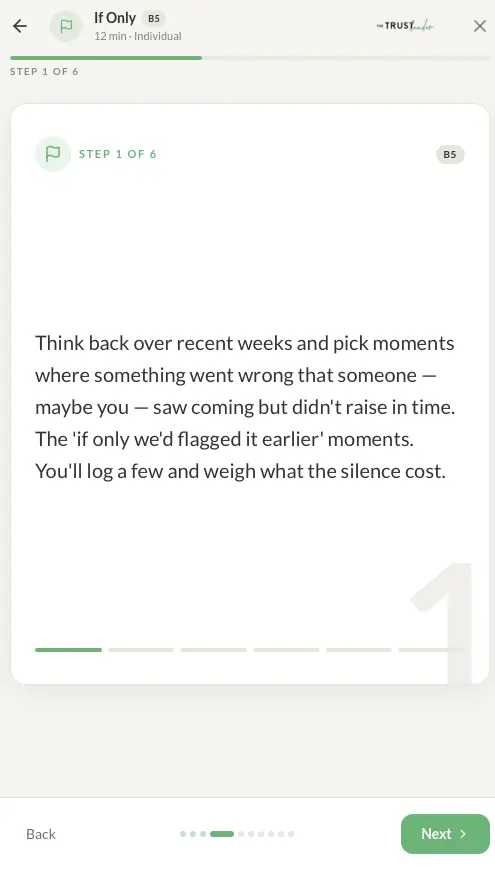 If Only activity step asking Maya to identify moments when an issue was not raised in time